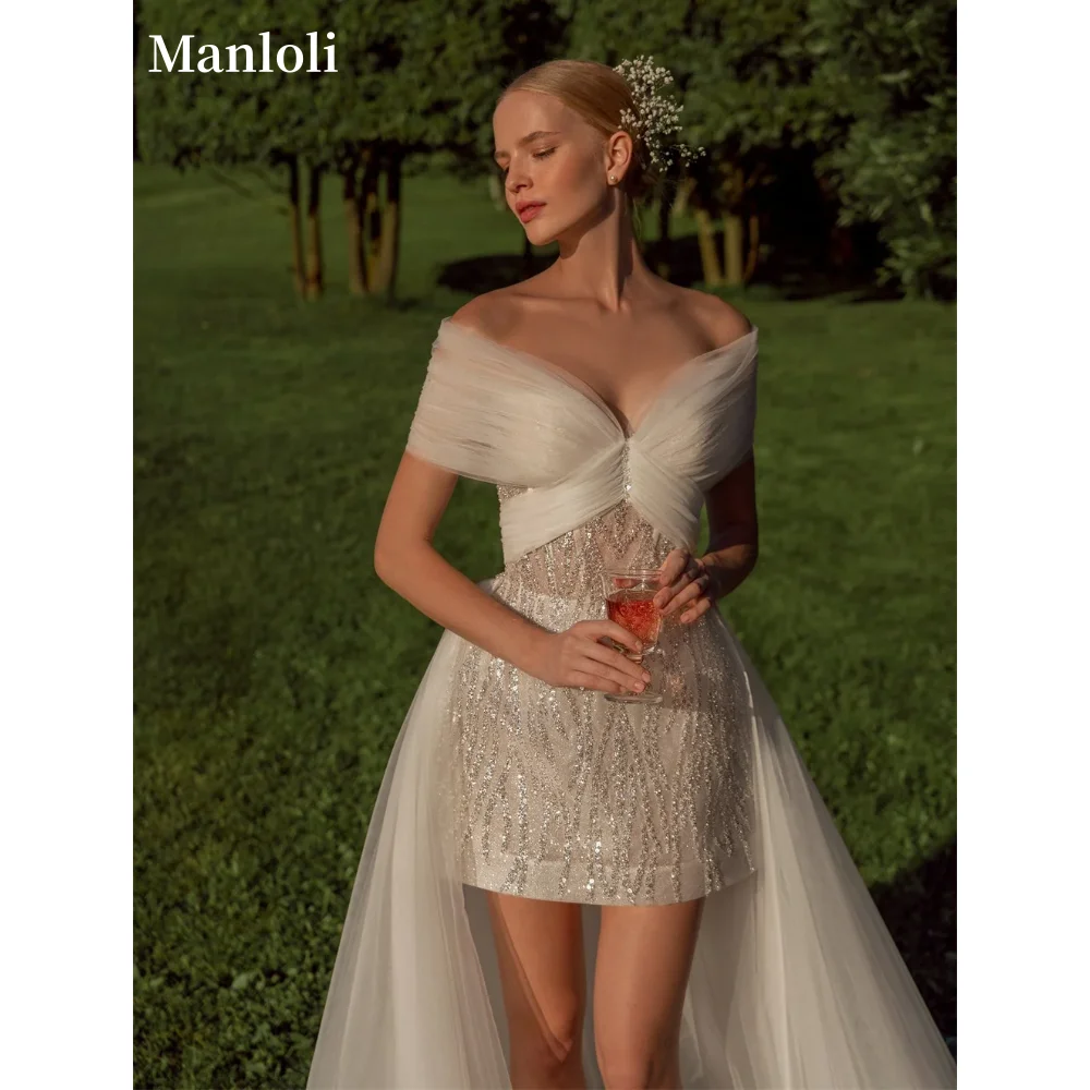 

Manloli Exquisite Shining Mini Wedding Dress Elegant Off Shoulder Princess Wedding Dress Detachable Collar Train Tank Top Custom