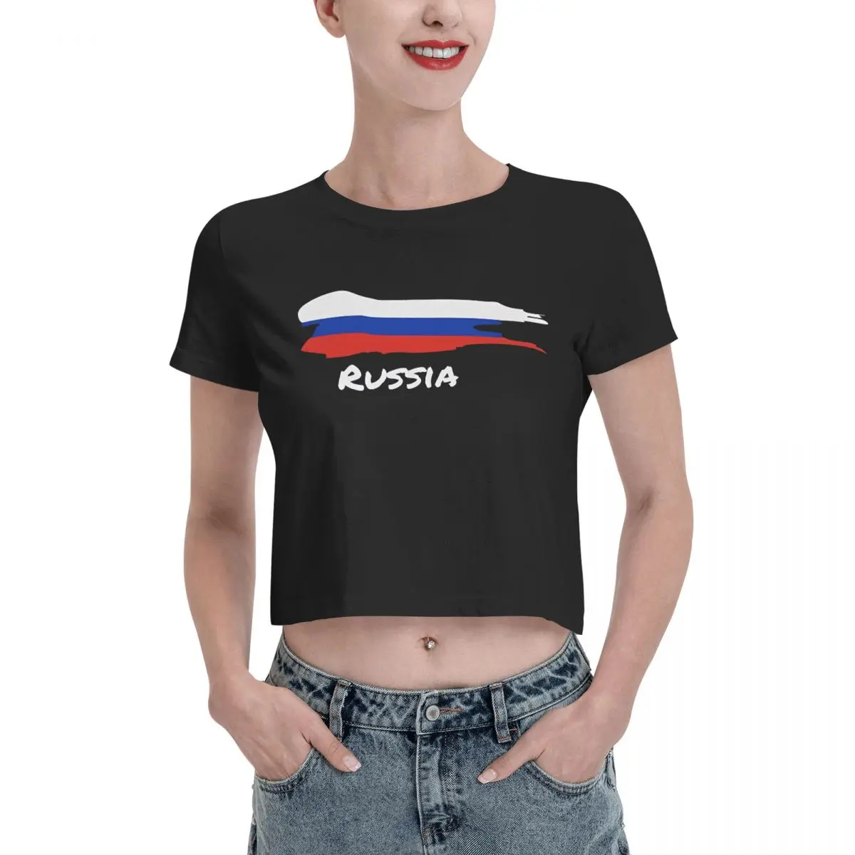 Russian Emblem Russia Flag Leak navel T-shirt, Womens Summer Cotton Tee Fashion Crew Neck Short Sleeve T Shirts