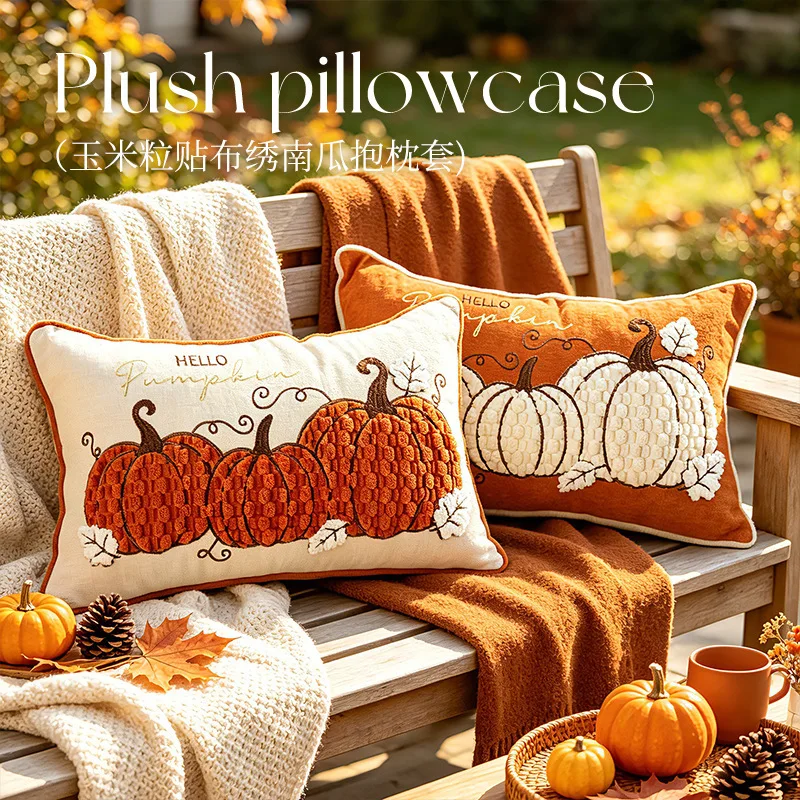 Vintage Farmhouse Fall Pillow Cover Chenille Embroidery Hello Pumpkin Design Cushion Case Autumn Decora Pillowcase For Sofa