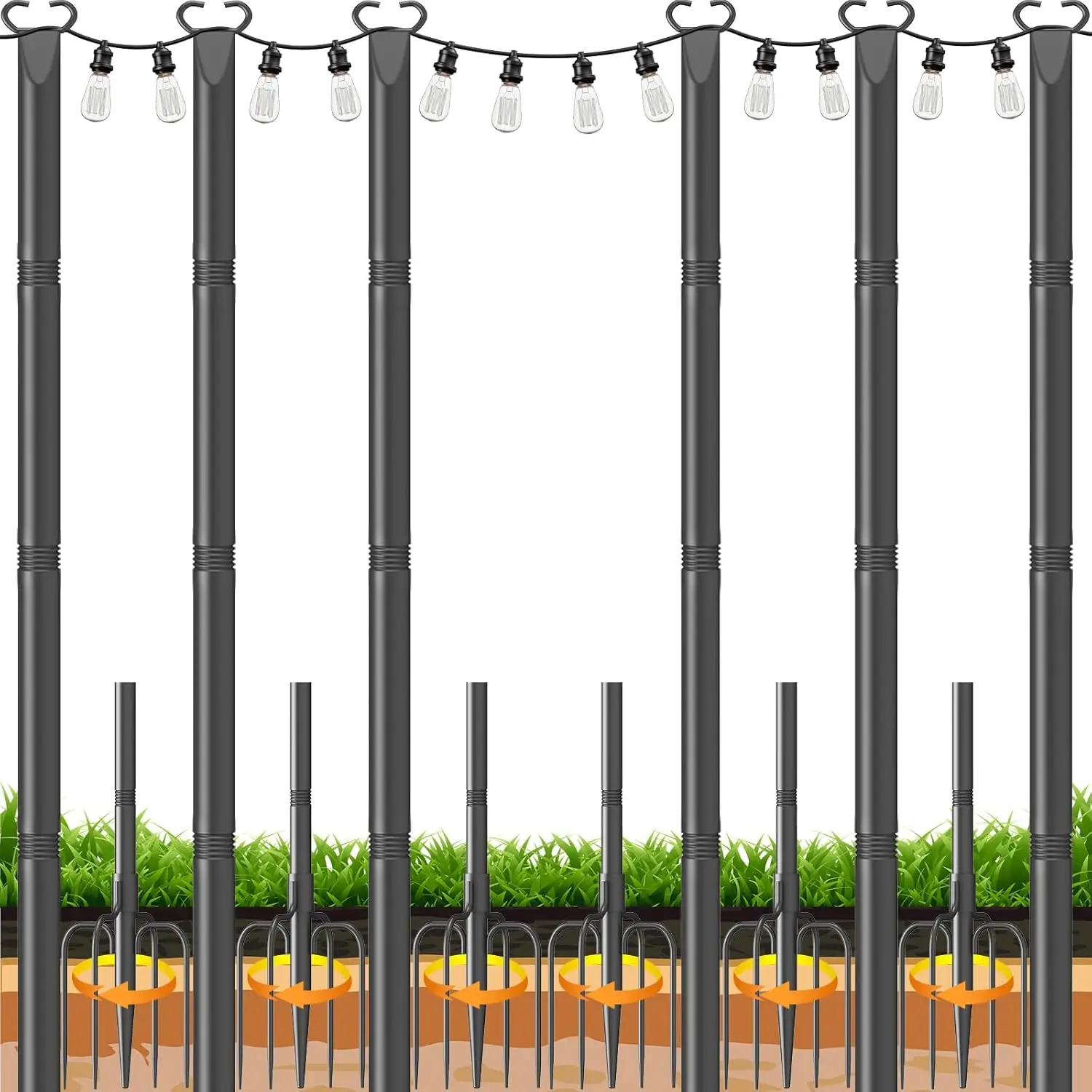 10Ft String Light Poles 6 Pack with Fork and Fence Clamp for Outdoor Deck Patio Backyard Garden Decorations