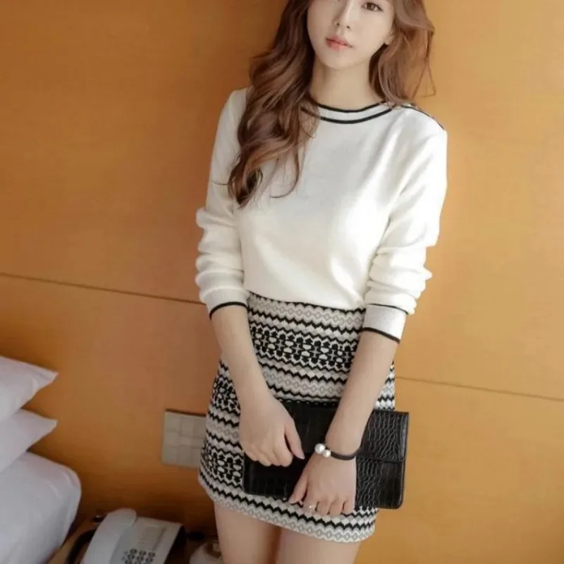 Long Sleeve Office Mature Short Women\'s Two Piece Set Dress Knit Female Outfits Midi Mini Crochet Sexy New in Matching Sets Full