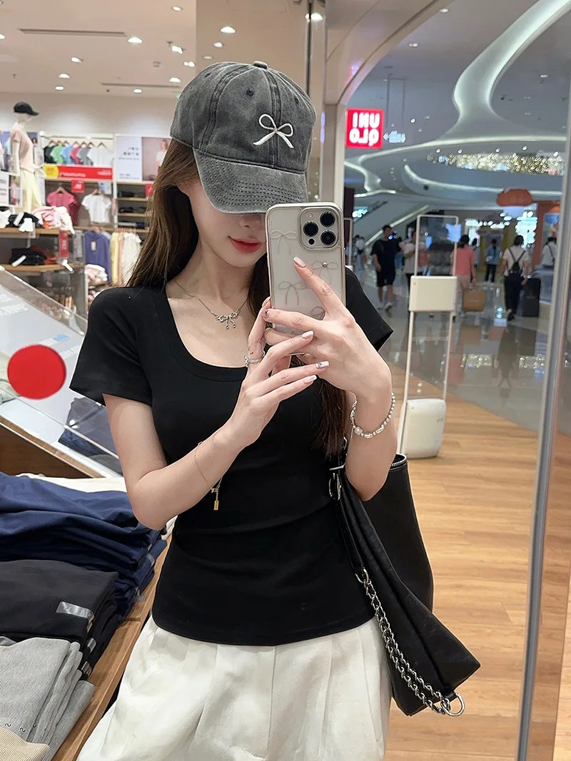 New Lady Summer U-neck Slim-fit Short Sleeve Women Student Solid Color Slimming T-shirt Girls Sports Top Woman Casual Base Shirt