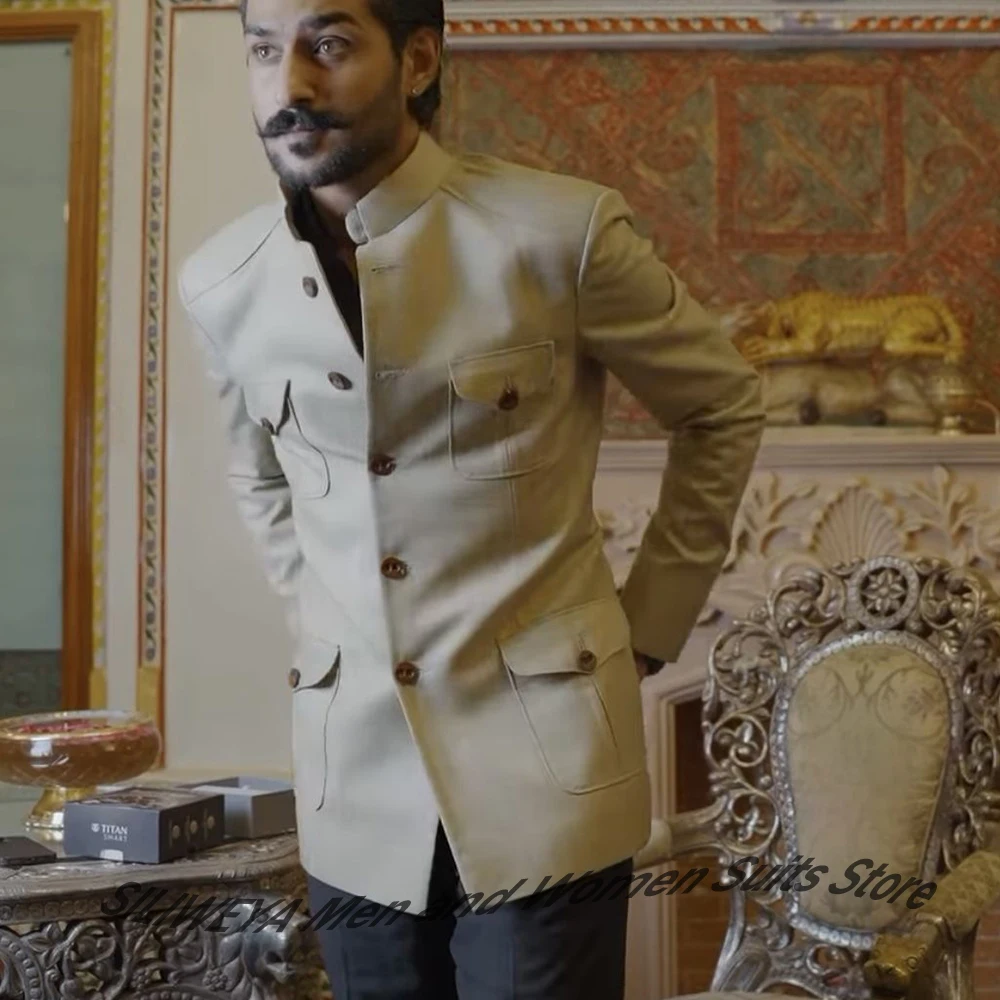 

Elegant Khaki Men's Suits for Wedding Party Formal Single Breasted Bandhgala Jacket+Pants 2 Piece Set Safari African Wear