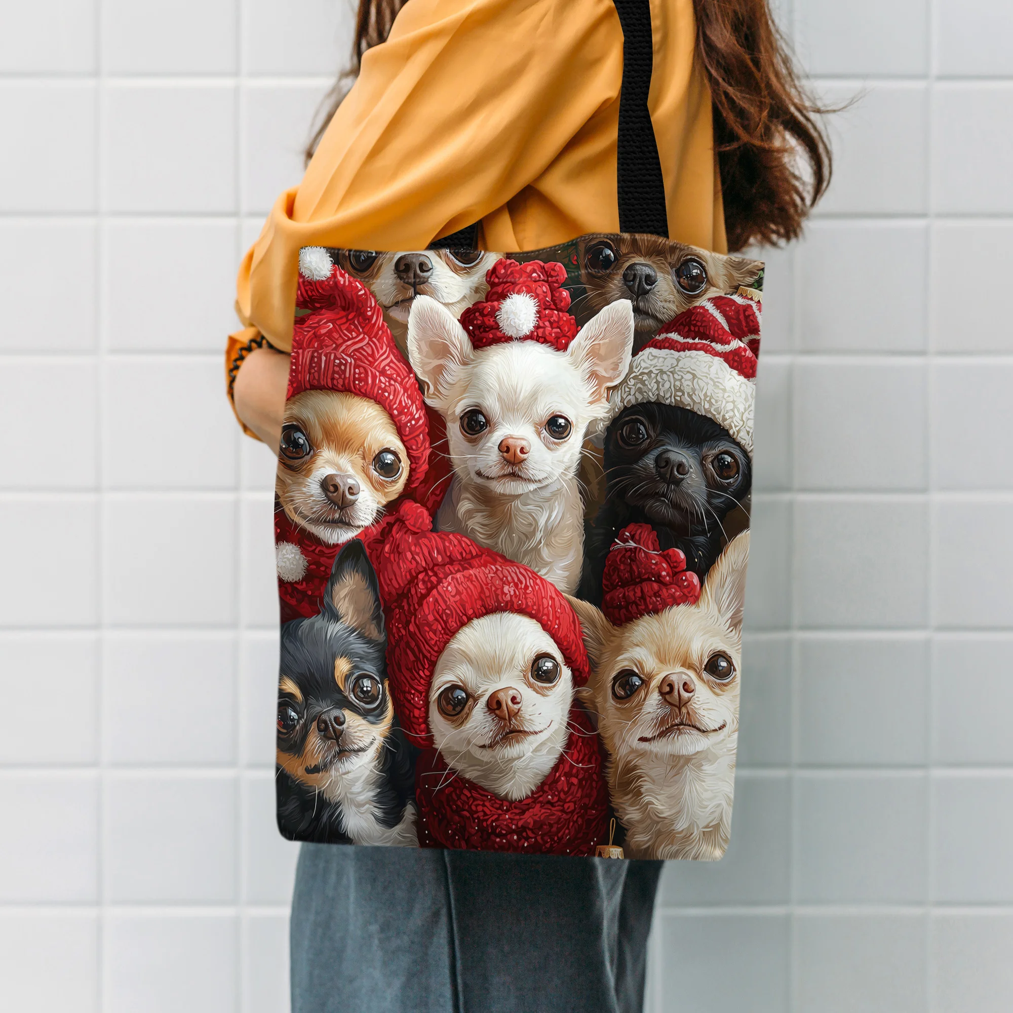 1pc Chihuahua Print Polyester Tote Bag Durable Reusable Shopping Shoulder Bag Cute Animal Design
