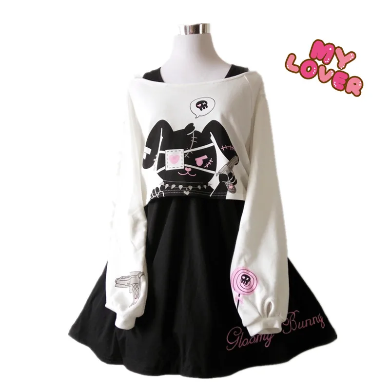 Moda nueva japonesa Lolita Primavera Verano dibujos animados estampado de conejo 2 uds traje niñas Top + vestido dulce lindo conejo negro niñas