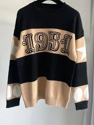 New Luxury Vintage M Women Jacquard Sweater Casual Stripes Cashmere Round Neck Long Sleeve High Quality Female Top Pullover