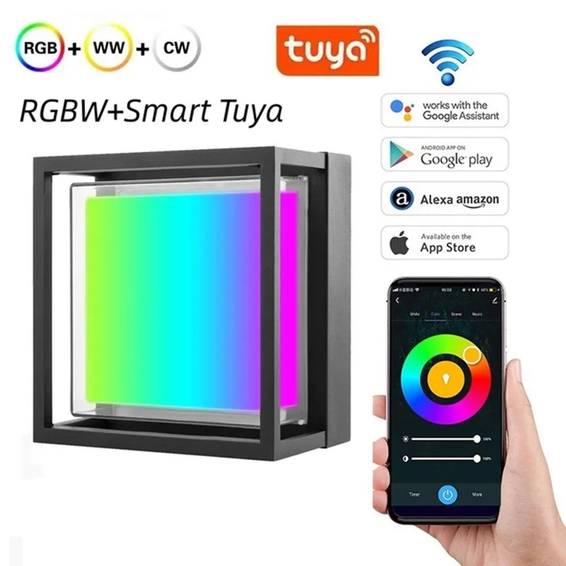 

RGB Smart Outdoor Wall Light WIFI Tuya Dimmable IP65 Waterproof Square Wall Sconce Lamp for Garden Courtyard Lighting Fixture