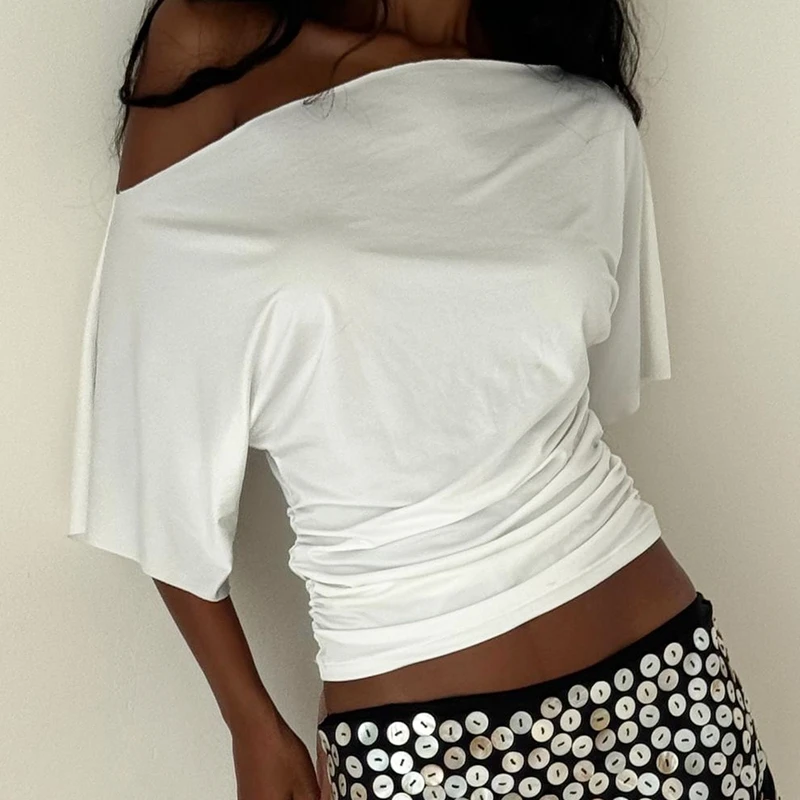 Summer high intelligence queen with sloping shoulder design and waist cinching top, women's spicy girl commuting solid color ver
