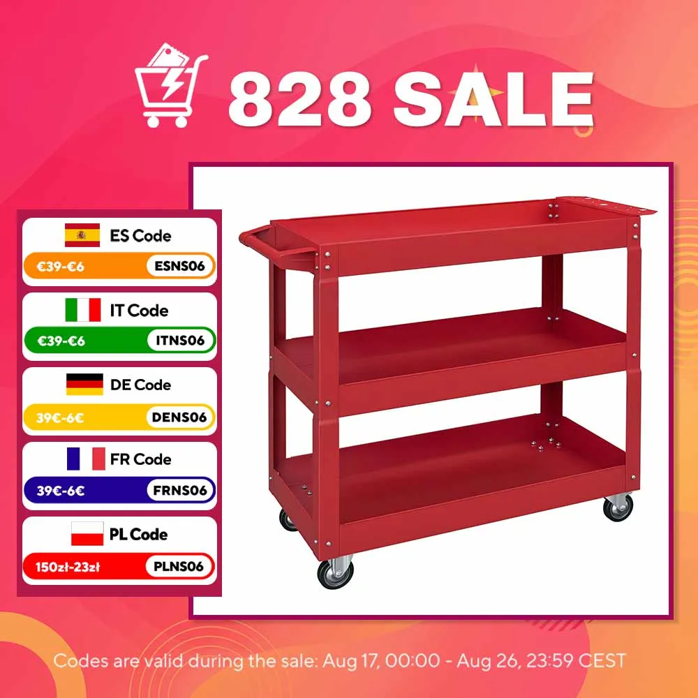 DURHAND stalen werkplaatswagen 3 laden op wielen met handvat - max. belastbaar 150 kg-83x76 cm rood