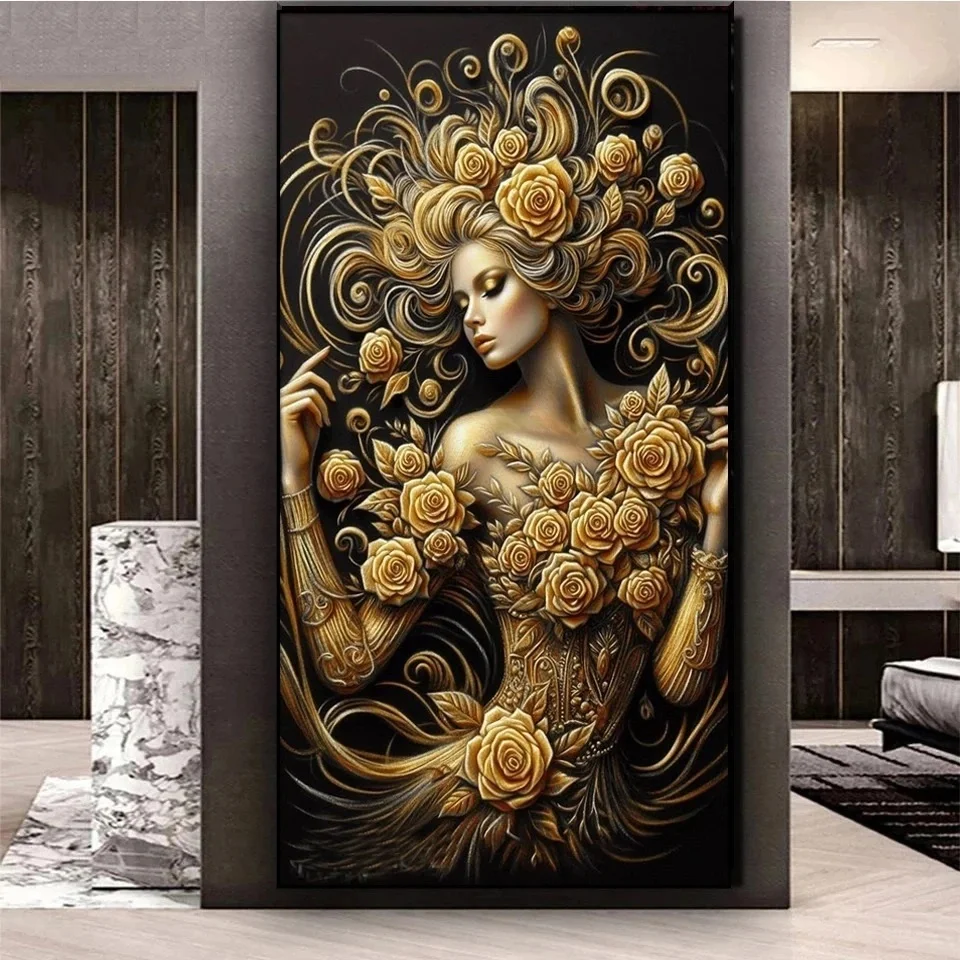 Diamond Painting Black Gold Woman Flowers Picture Of Rhinestone DIY 5D Embroidery Goddess of Rose Diamond Mosaic Large Art