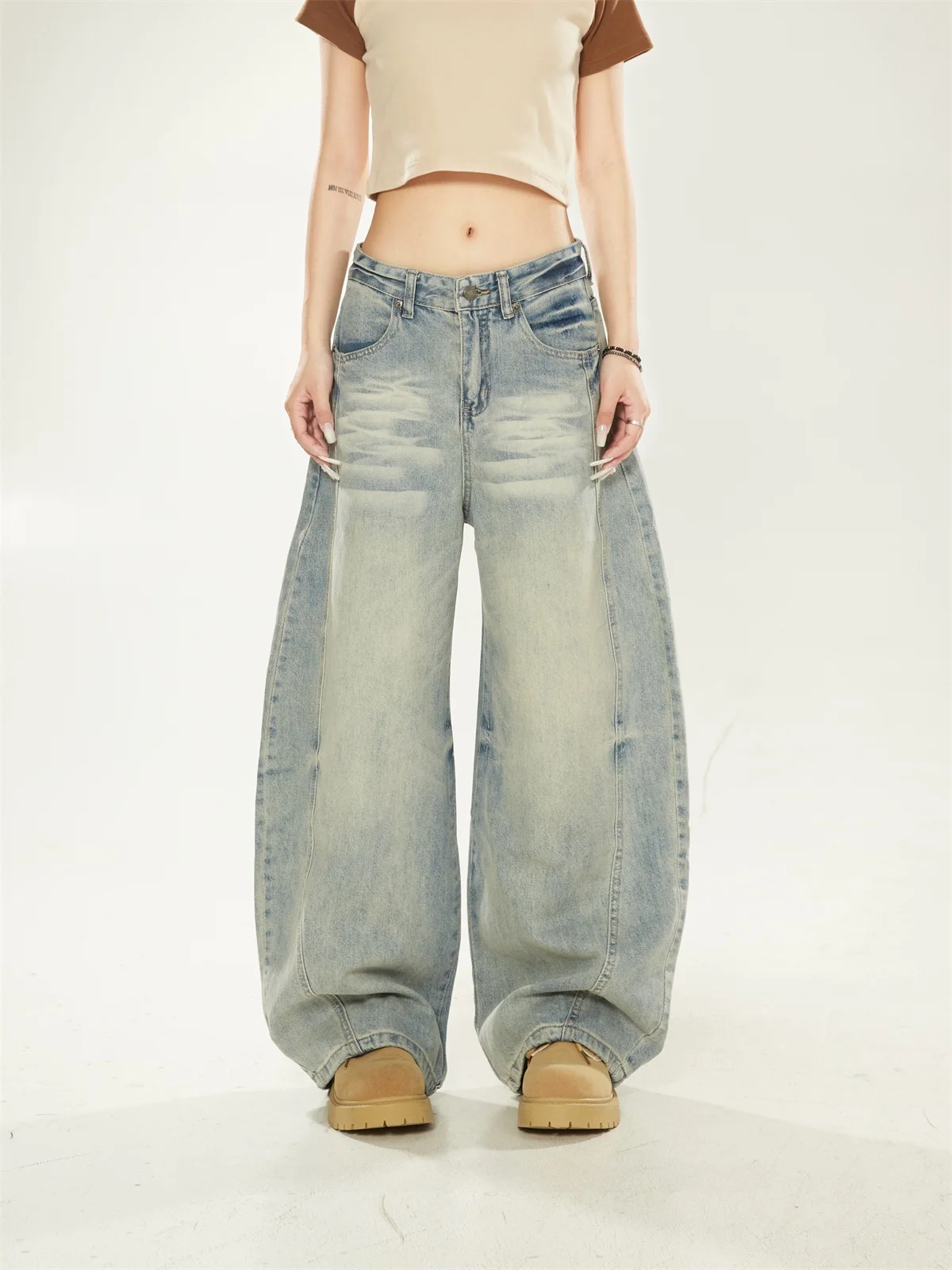 

Винтажные брюки с талией в американском стиле High Street, женские свободные широкие джинсы, повседневные длинные брюки с открытой талией