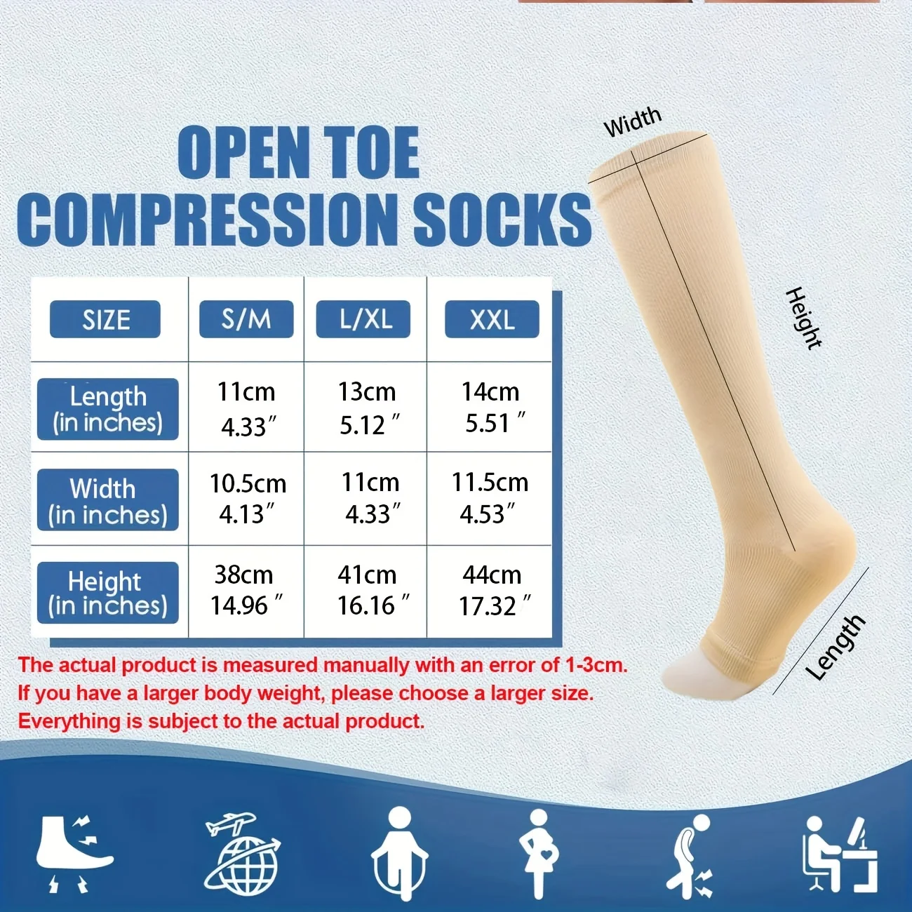 Skin Tone Zipper Compression Socks Open Toe Elastic Leg Support Anti Fatigue Swelling Stockings Flight Nurse Running Fitness Dai view 5