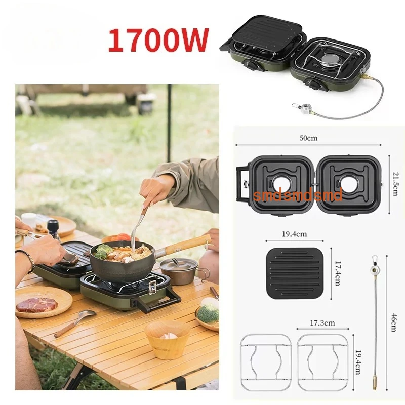 Camping Gas Stove 1700W Two-Burger Head ultralright Portable Folk Stove Outdoor Picnic BBQ With Non-stick Frying pane