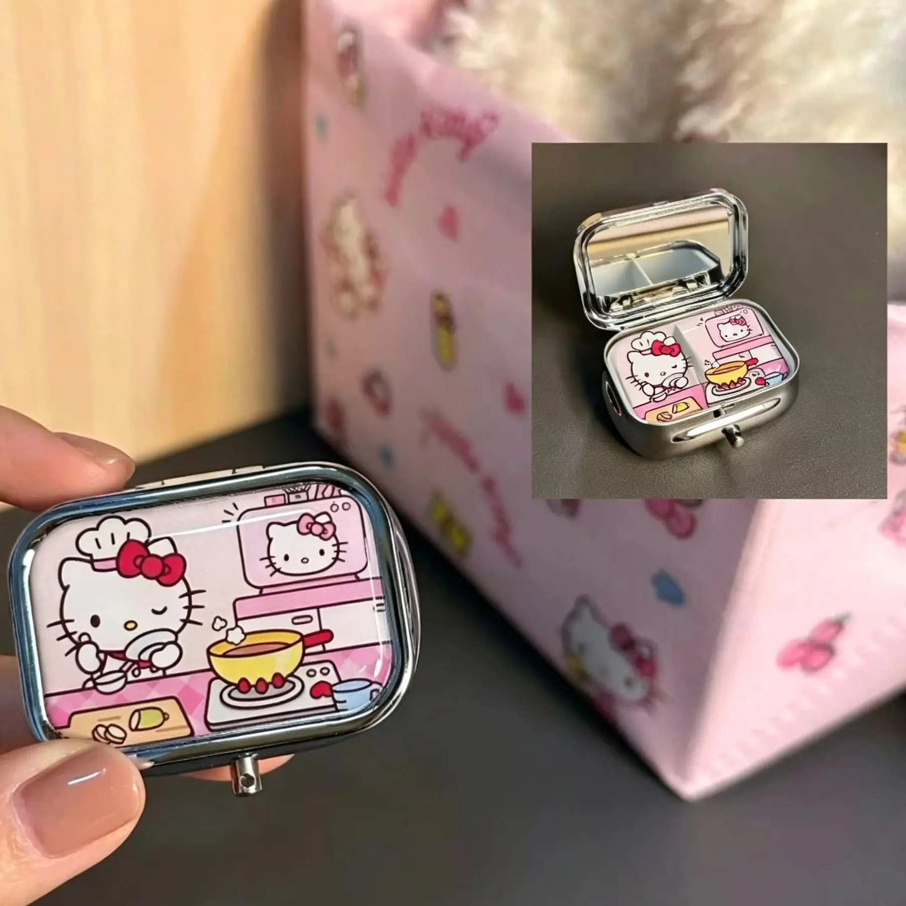 Anime Hello Kitty Metal Storage Box Pill Organizer Compartmentalized Cute Cartoon Mini Jewelry Box Candy Container Kawaii