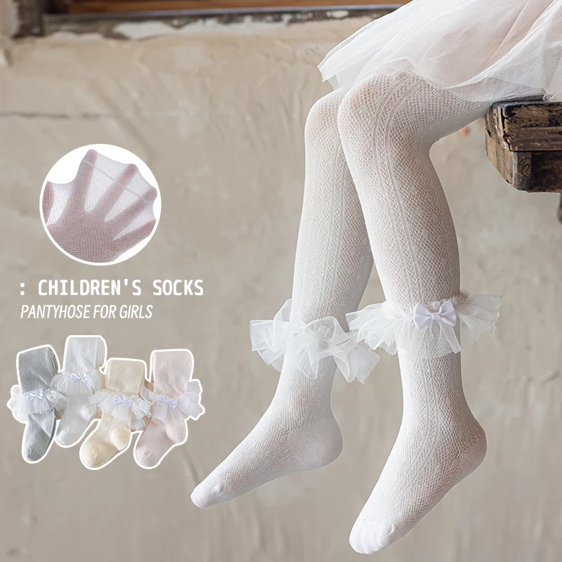 Princess Style Kids Thin Sheer White Footed Tights Elegant Lace Hem And Bow Decoration Breathable Soft Stretchy Fabric Pantyhose