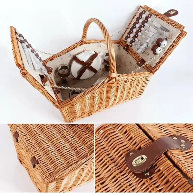 Double Door Organizer Boxes Willow Weaving Design Picnic Basket Multifunctional Fruit Basket Convenient Handle Flower Basket