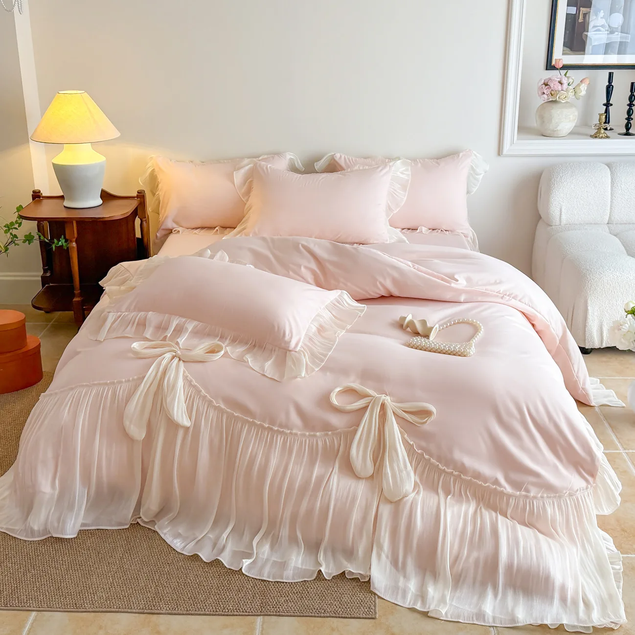 French princess bedding set, bowknot lace bed linen, washed cotton duvet cover, girly , coverlet bedding, flat sheet bed set