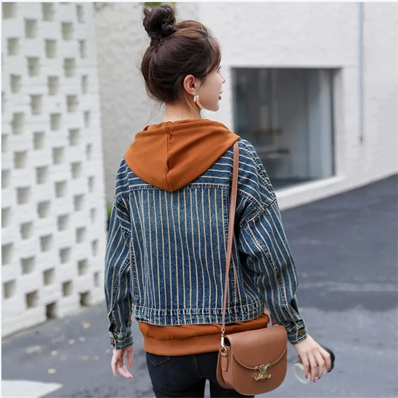 2024 New Women Denim Jacket Spring Autumn Fashion Join Together Fake Two Pieces Hooded Lady Outerwear Loose Female Cowboy Coat