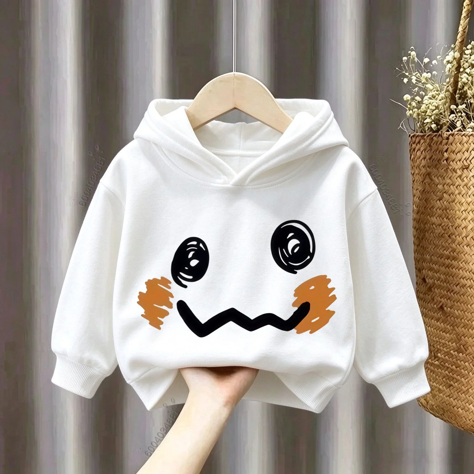 Kids Hoodie Cute Doodle Smiley Face Print Long Sleeve Pullover Sweatshirt Soft Breathable Autumn Winter Casual Hooded Tops