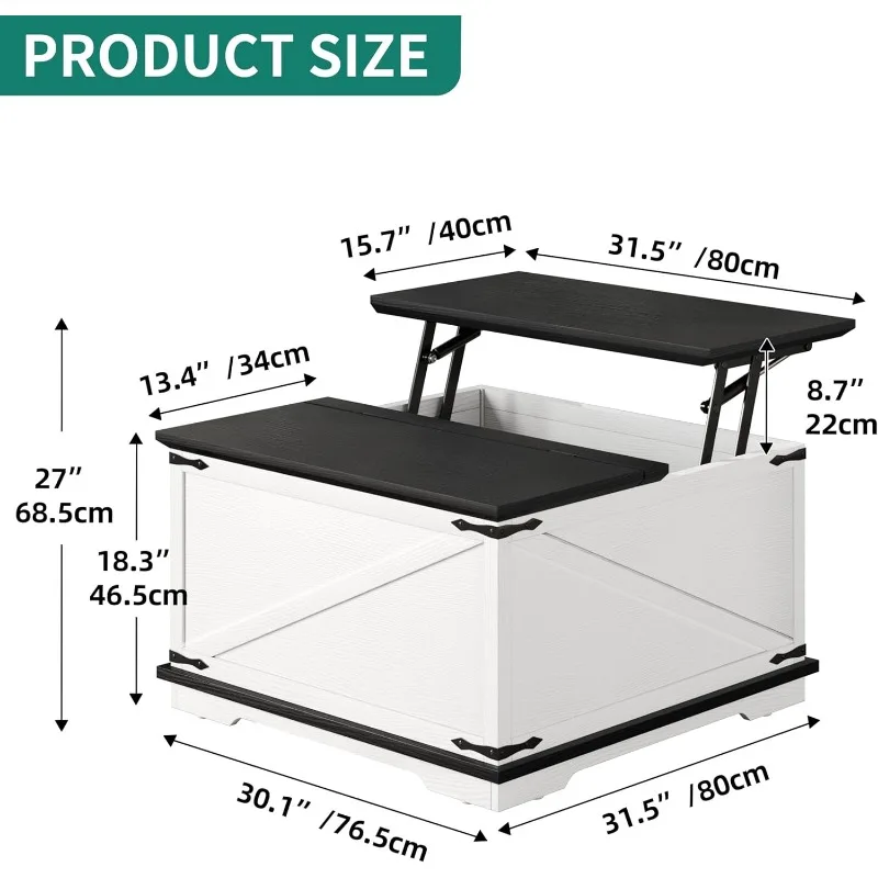 Mesa de centro elevable de granja, mesa central cuadrada de madera con gran compartimento de almacenamiento oculto para sala de estar, hogar, oficina, color blanco