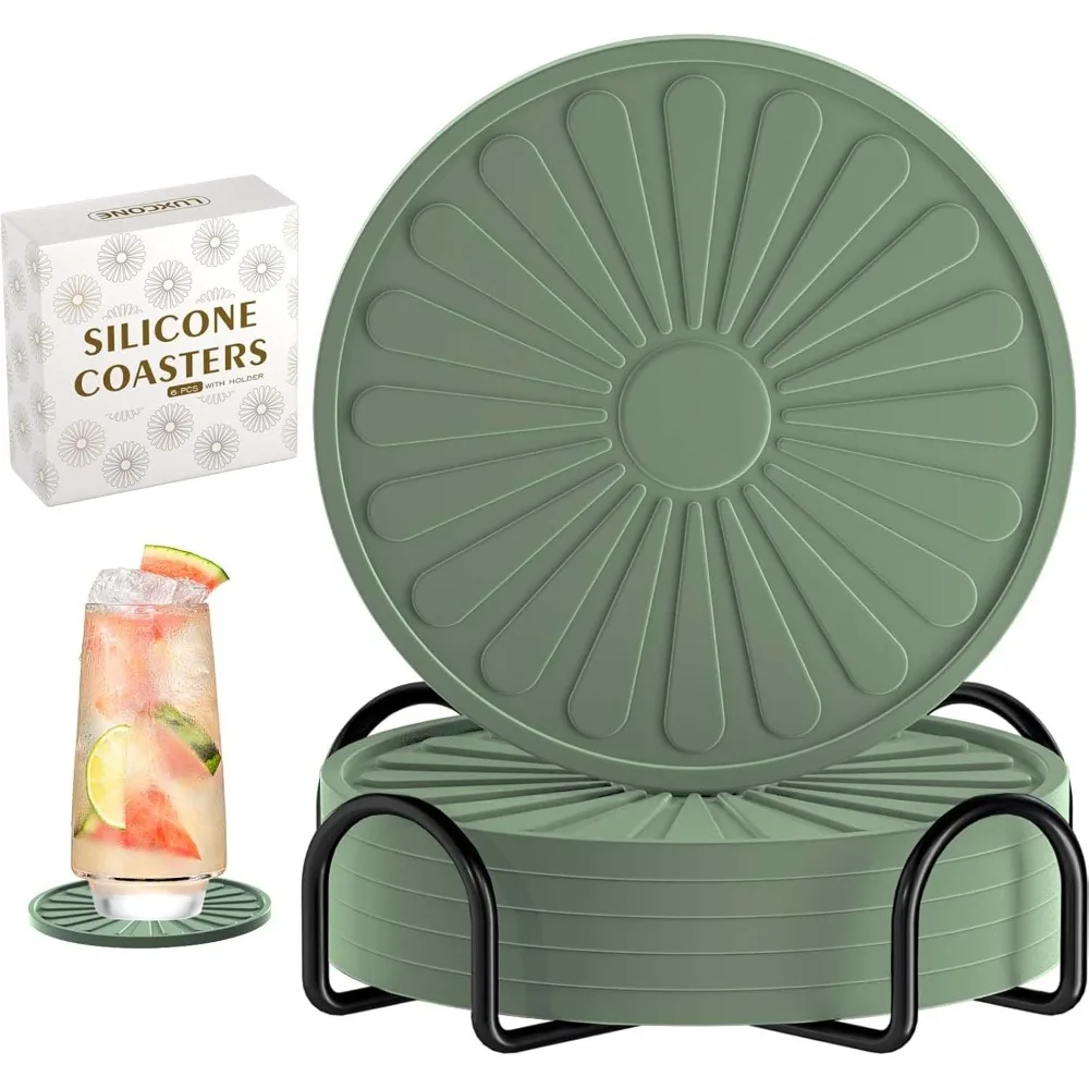 

Silicone Coasters Set Of 6, Drink Coasters With Holder For Coffee Table And Desk, Outdoor Coasters For Tabletop Protection, Non-