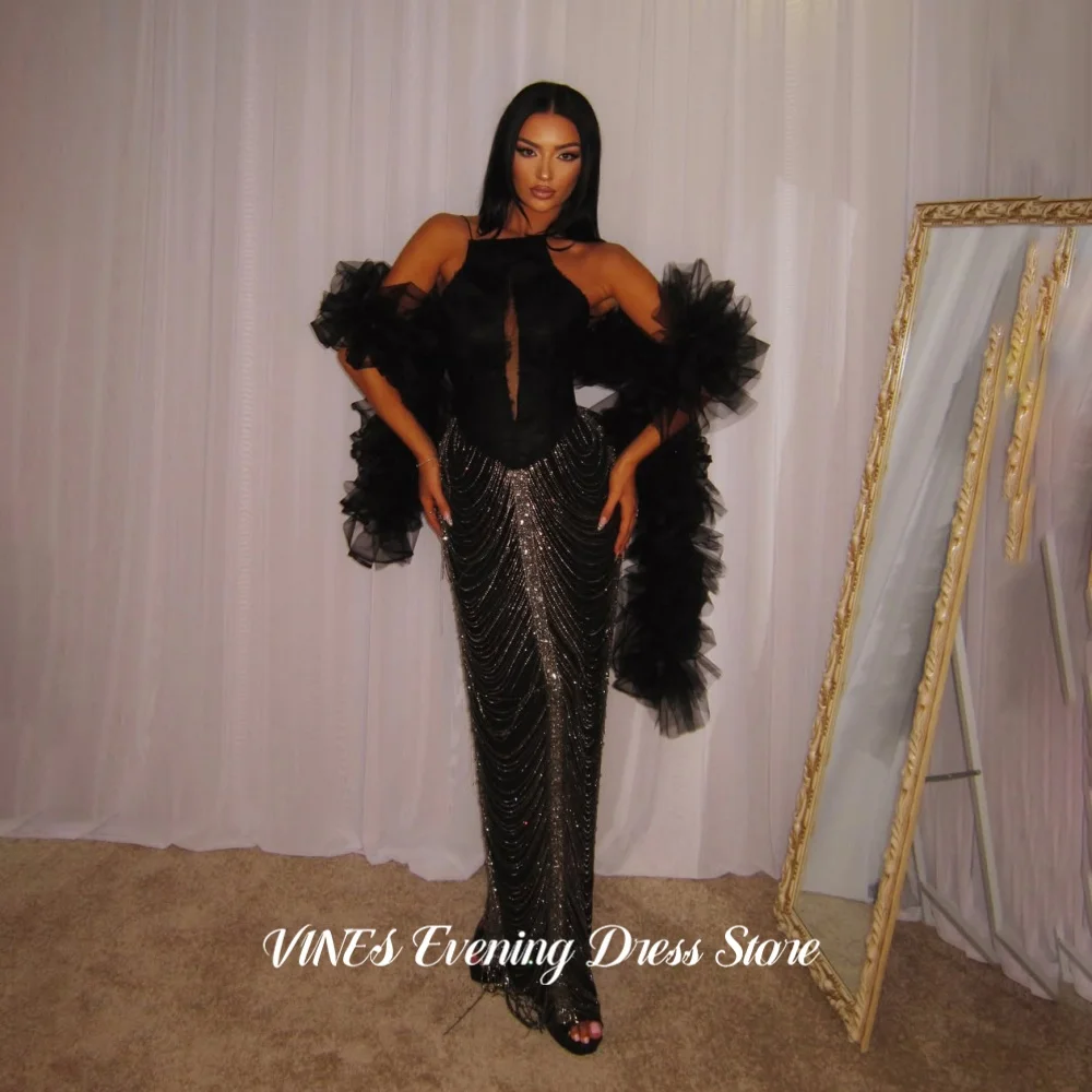 VINES Stunning Black Halter Long Evening Gown Lace Corset Ruffle Tulle Cape Beaded Fringe Skirt Prom Evening Party Customized