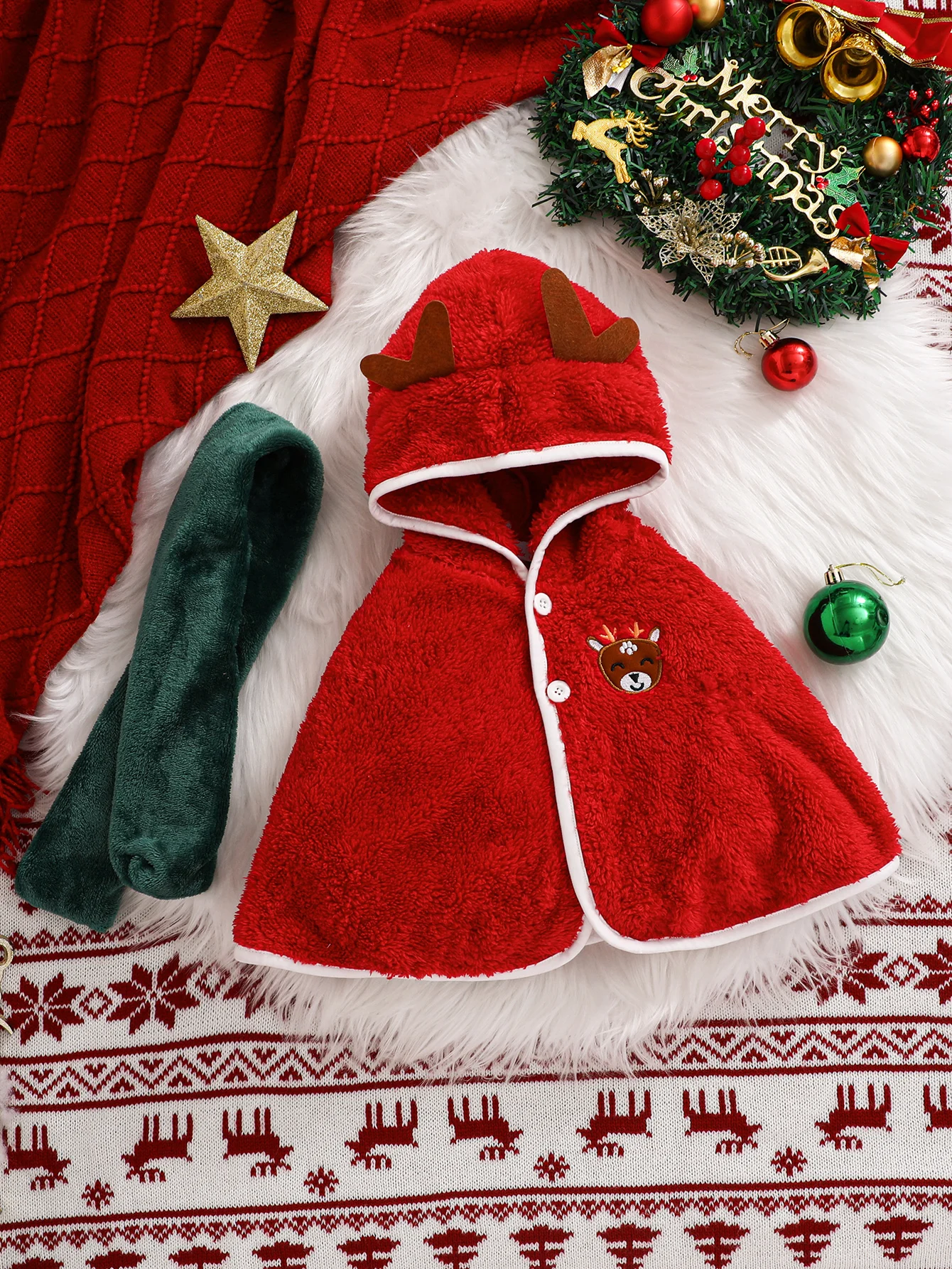 2PCS， Cute reindeer horn hat cloak and scarf, suitable for Christmas holiday activities and outdoor activities.