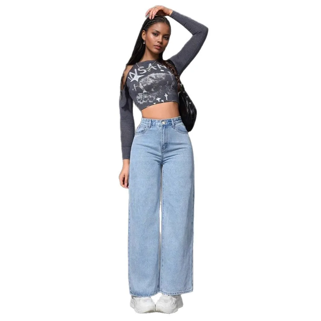 Jean à jambes larges de Style américain, taille haute, coupe ample, pantalon longueur au sol, printemps 2025