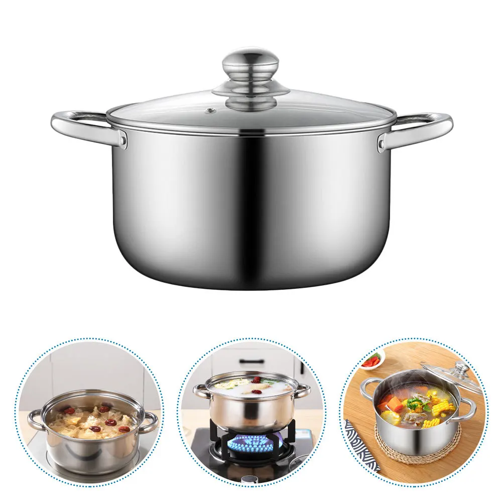 

1Pcs Stainless Steel Soup Pot Polished Surface Leak-Proof Design Glass Lid Multi-Purpose Kitchen Cookware Large Capacity