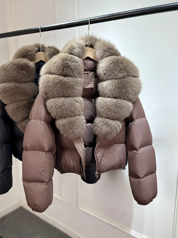 Janveny 2025 New Puffer Jacket Women With Large Natural Fox Fur Collar Short Fluffy Thick Parkas Female 90% White Duck Down Coat