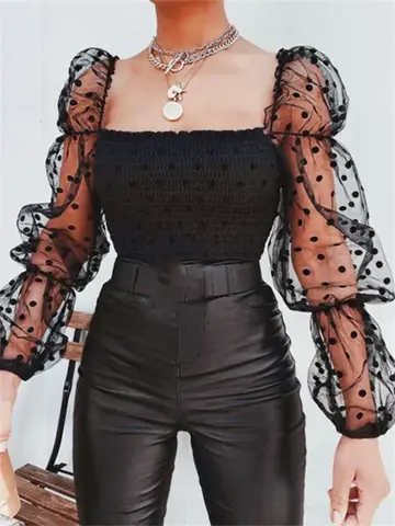 Kadın Vintage Tops ve bluzlar örgü puf uzun kollu kare boyun mahsul Tops yaz güz seksi gömlek bluz kadın