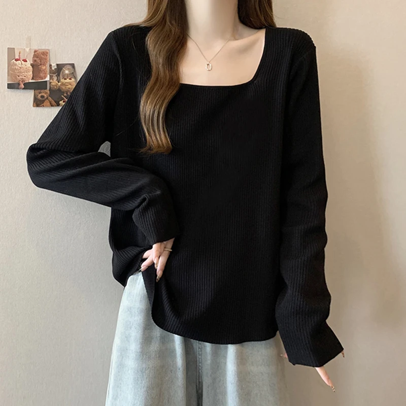 Style AU Big-size Square Neck-necked Euner Long-sleeved Over-fit Knit T-shirt Comforstable Fit KN1767