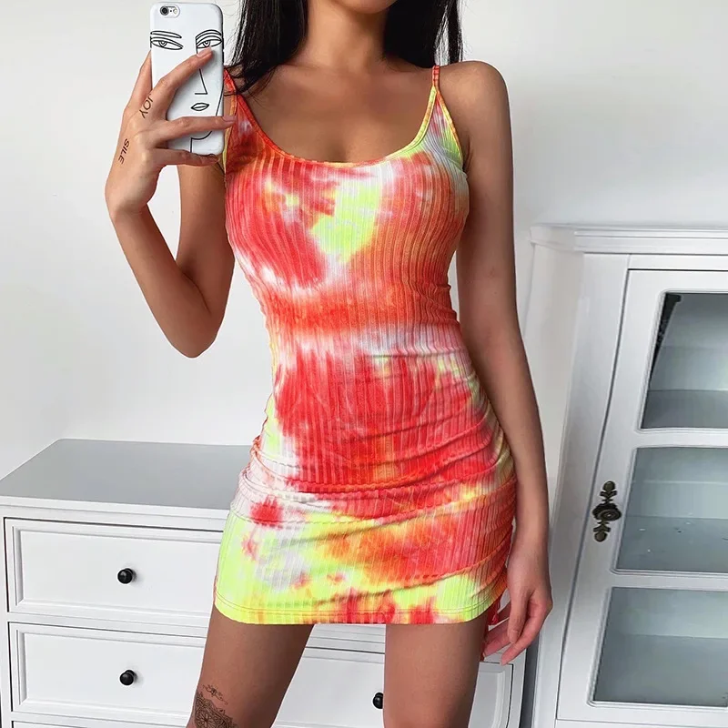 

Summer Sexy Bodycon Dress Orange Tie Dye Mini Dress Women Spaghetti Strap Dresses Fashion Ribbed Slim Skinny Sleeveless Vestidos