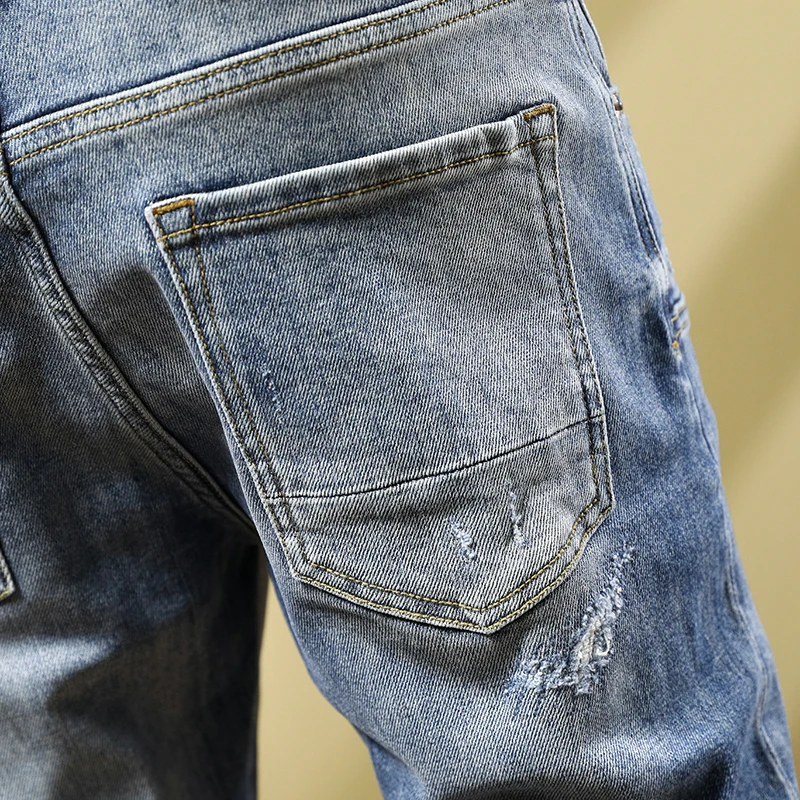 Street Fashion Men Jeans Retro Blue Elastic Stretch Skinny Fit Spliced Ripped Jeans Men Patched Designer Hip Hop Pants Hombre