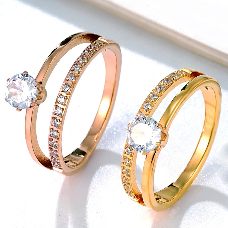Klassisches Design, Doppelzinken-Set, Kristall- und Zirkon-Ring, Edelstahl, hochwertiger Schmuck, Hochzeitspaare, romantische Geschenke – Detail 3