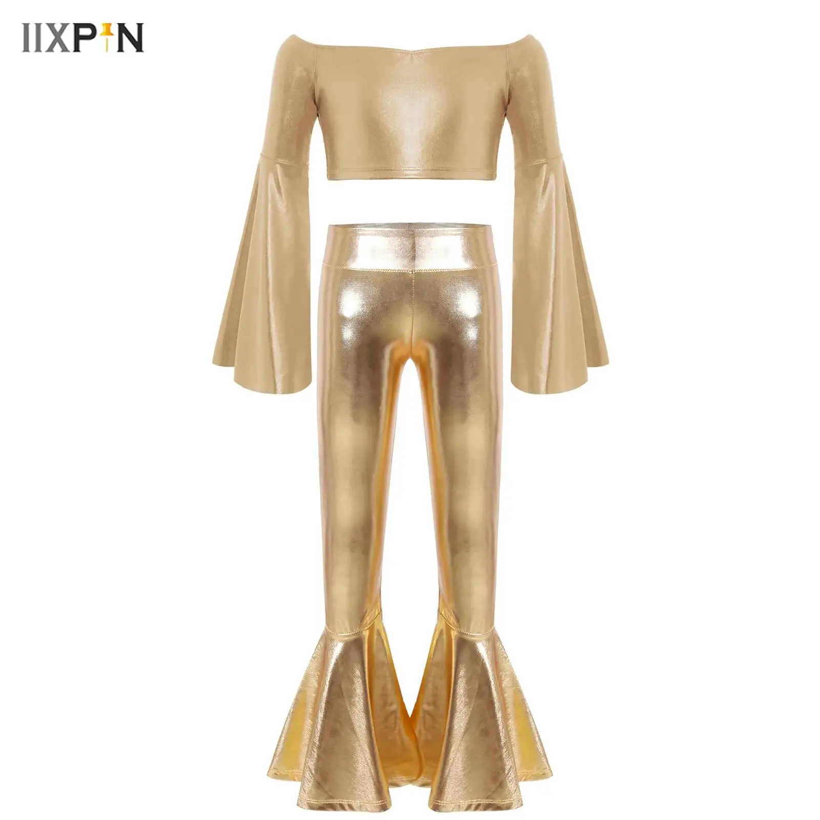 

Kids Girls Disco Jazz Dance Outfit Long Flared Sleeve Off-Shoulder Metallic Crop Top+Bell-bottom Shiny Pants Set for Performance