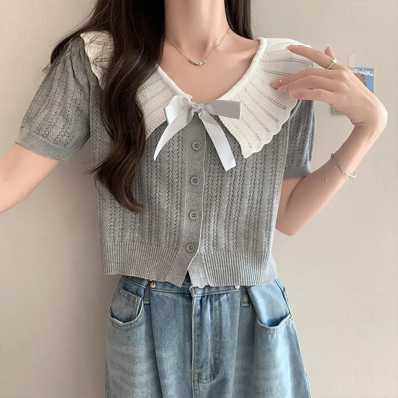 Peter Pan Collar Shirts Women Short-sleeved Hollow Out Knitted Cardigan Summer New Niche Thin Color Collision Short Tops Female