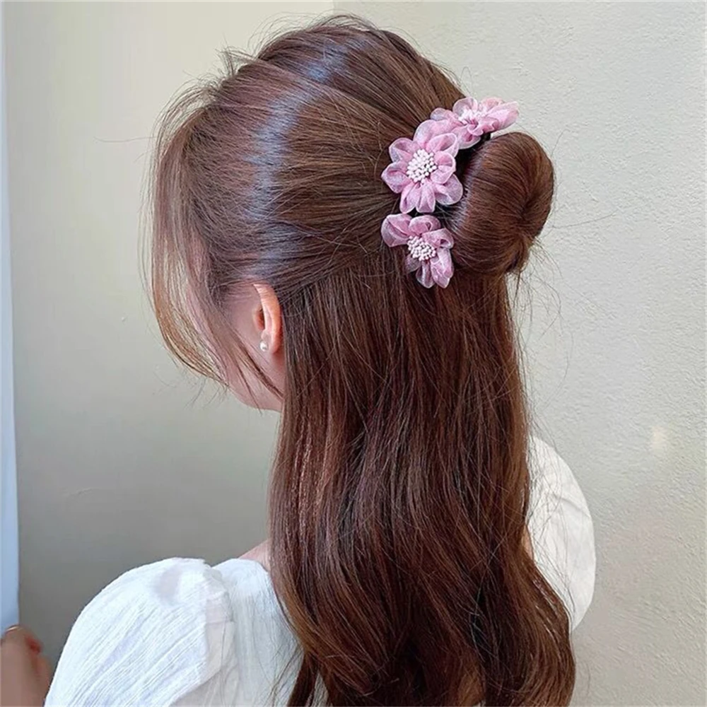 Elegant Fashion Yarn Flower Hairpin Bun Maker Twist Headband Lazy Hair Accessories Women Meatball Head Hair Curler Hair Stick