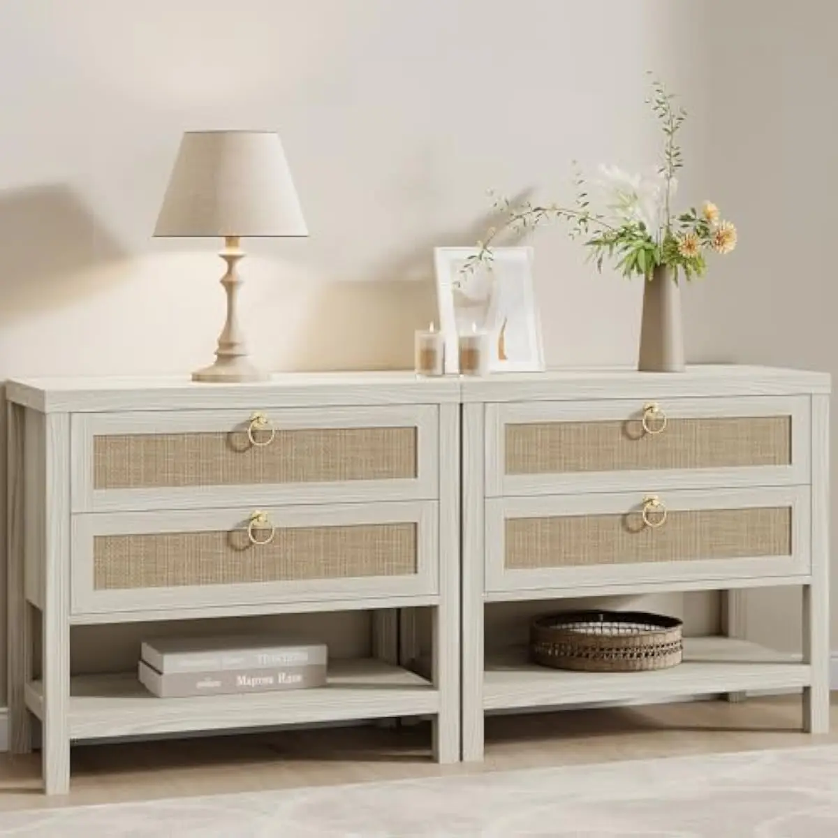 Boho-Inspired Rattan Nightstand Duo Featuring Two Spacious Drawers Plus Open Shelf Storage – Engineered Wood Frame With Natural