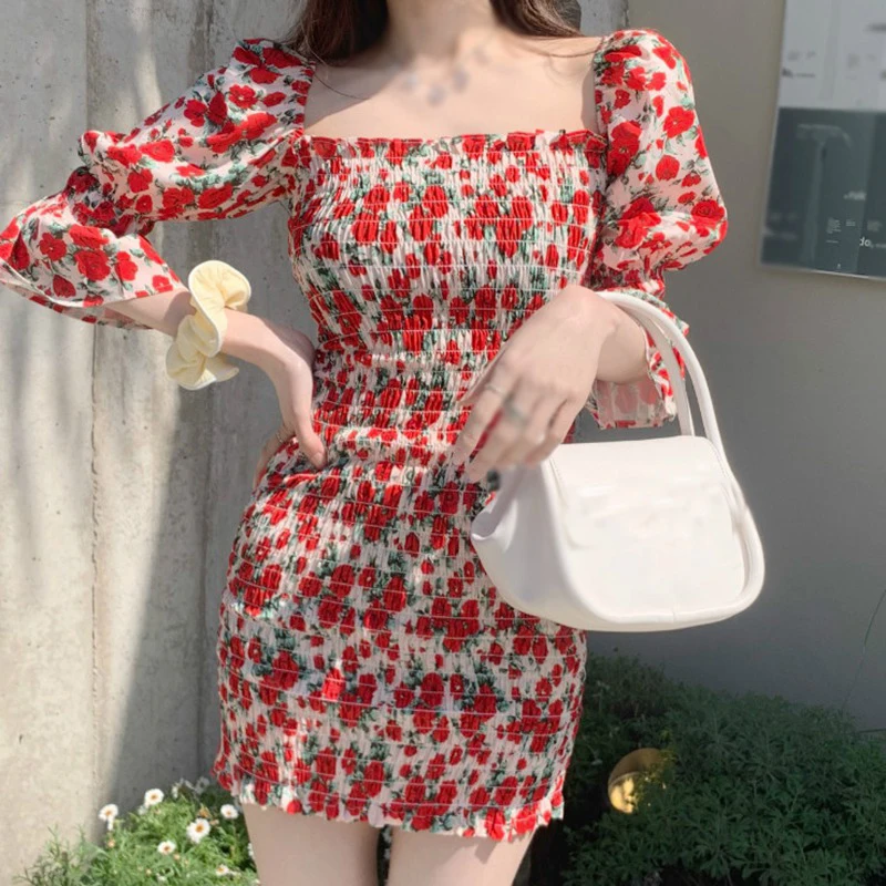 

Summer Floral Dress Women Square Collar Temperament Slim Waist Bag Hip Elegant Classic Retro Dresses