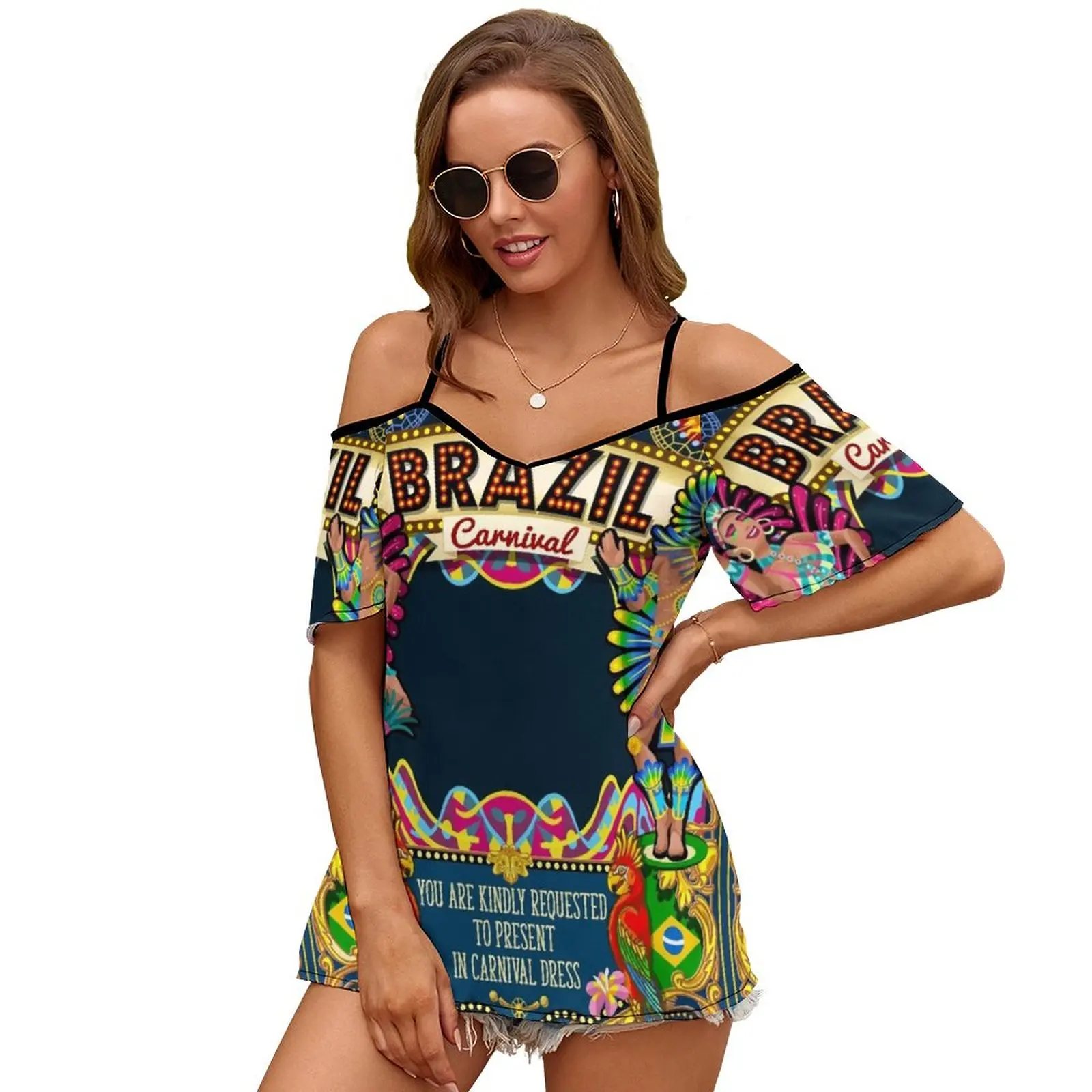 Rio Carnival Poster Theme Brazil Carnaval Mask Show Parade Women Short Sleeve Tops O-Neck Hollow Out Shoulder Strap Tees