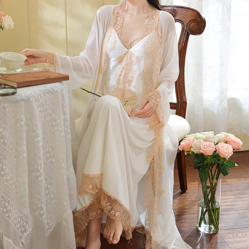 Long Sleeve Nightgown Women's Spring Chest Cushion Suspender Cotton Sleepwear Mesh Morning Gown Outerwear Home Suit Autumn