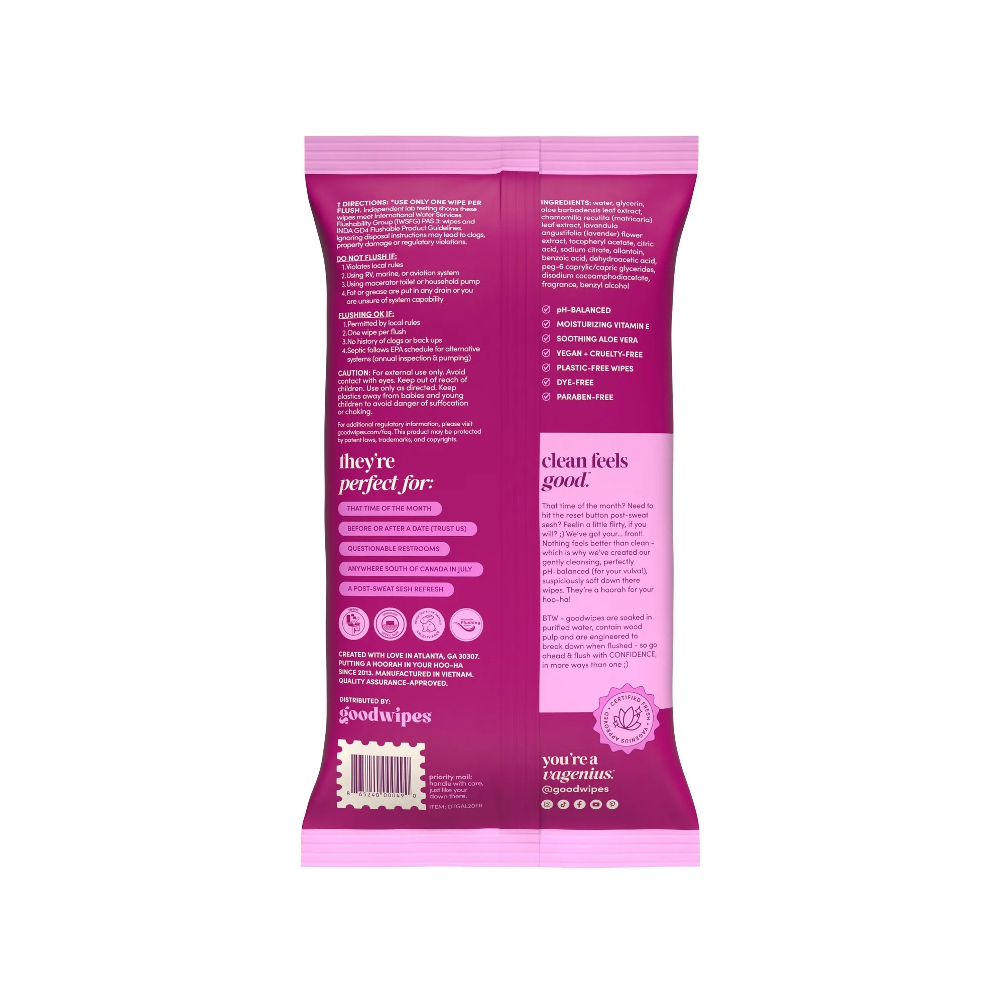 20ct Rosewater Flushable Cleansing Wipes For Intimate Care, Gentle Travel Gym Daily Fresh Soft Comfort