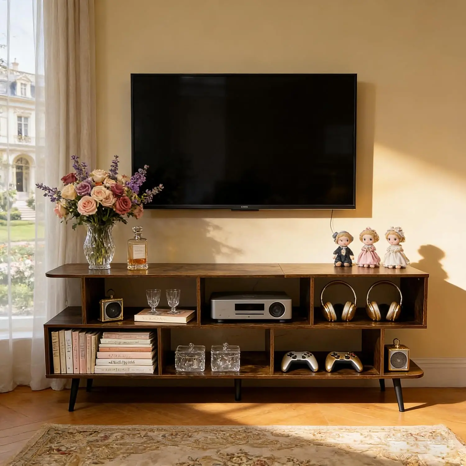 65 Inch TV Stand Fits up to 75 Inch TV, 8 Open Shelves Storage Media Console for Living Room Kitchen, Amber, Customized