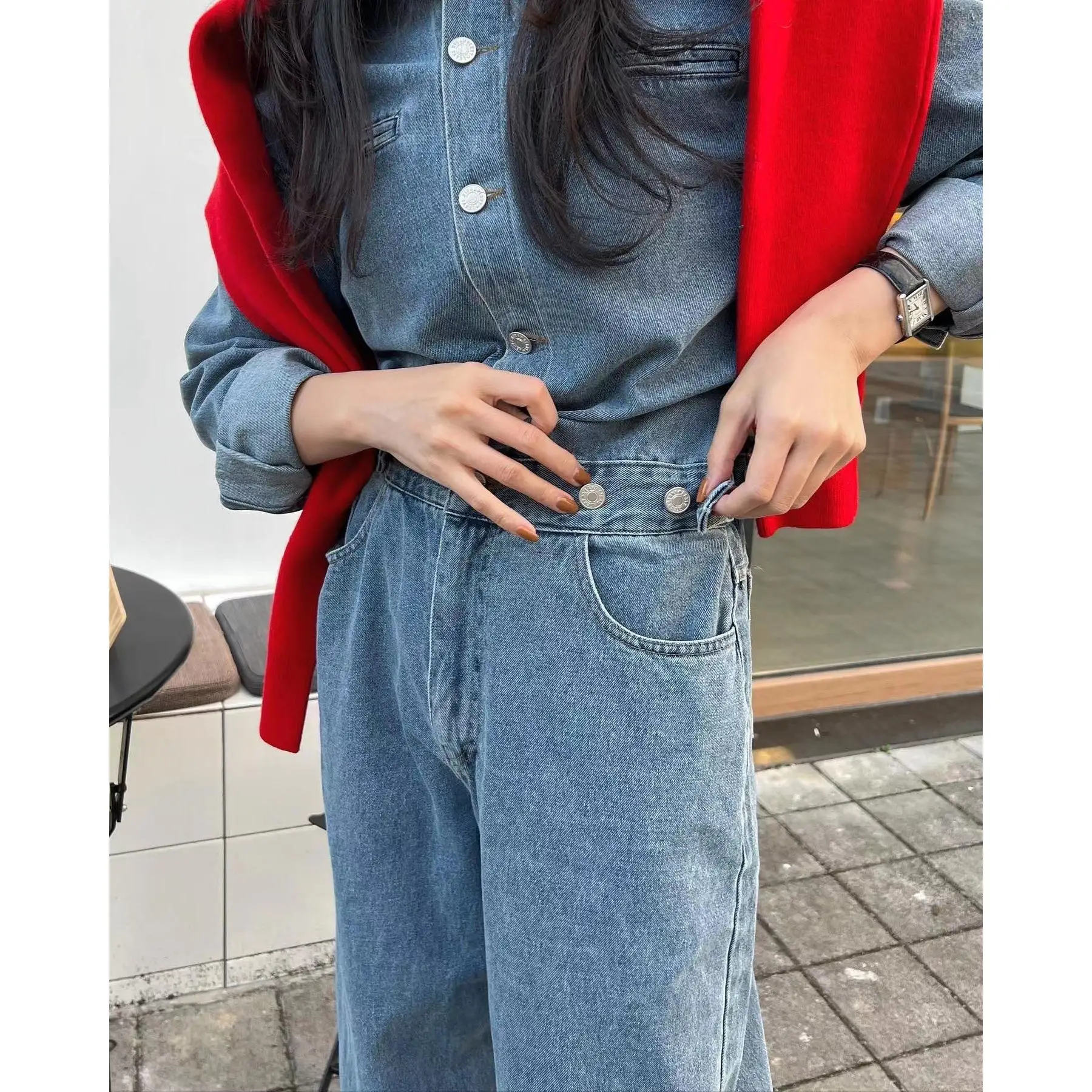 Laid-ba Salopette di jeans casual vintage Ele Pantaloni a gamba larga a vita alta Materiale di cotone Collezione primaverile per W di mezza età...