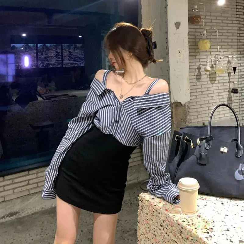 Minivestido camisola con hombros descubiertos para mujer, vestidos elegantes de retazos a rayas de manga larga con cuello oblicuo para otoño, vestido ajustado falso de dos piezas