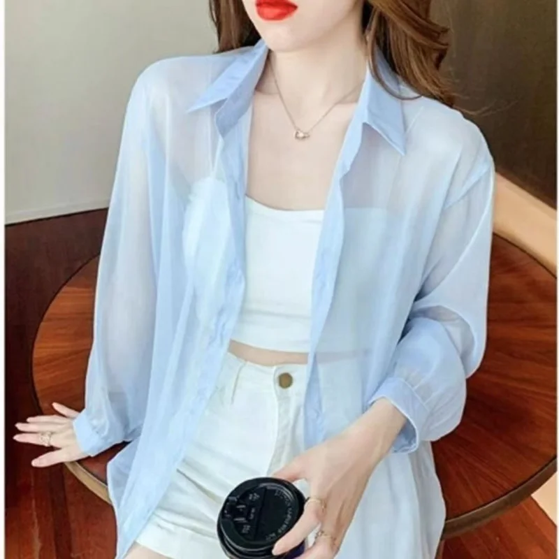 Chiffon Thin Loose Cardigan Summer New Long Sleeve Polo Neck Solid Color Basic Shirt Tops Sexy Trend Fashion Women Clothing