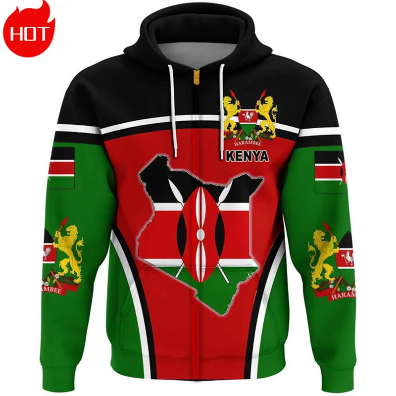 3D The Republic-of Kenya Ethnic Emblem Printing Zip Up Hoodies Kenya Flag Map Graphic Zipper Sweatshirts Fashion Mens Clothing