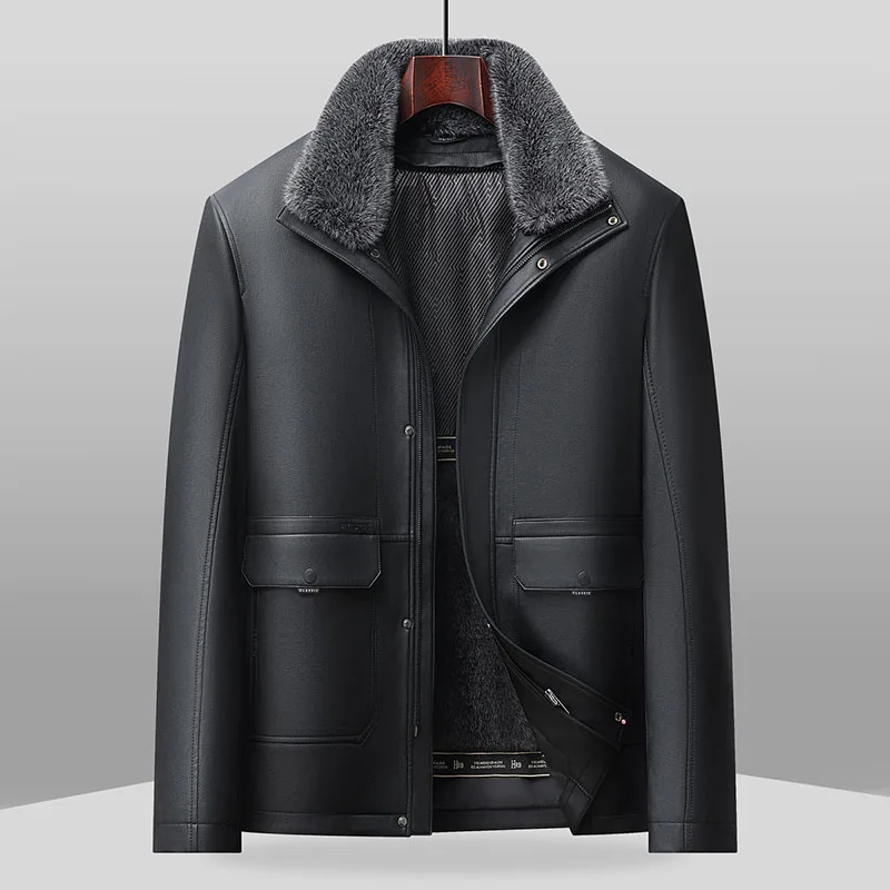 

Casual Men's Warm Fleece Man-Made Leather Jackets Winter Windproof Thicken Parkas Outwear Detachable Plush Liner Fur Collar Coat
