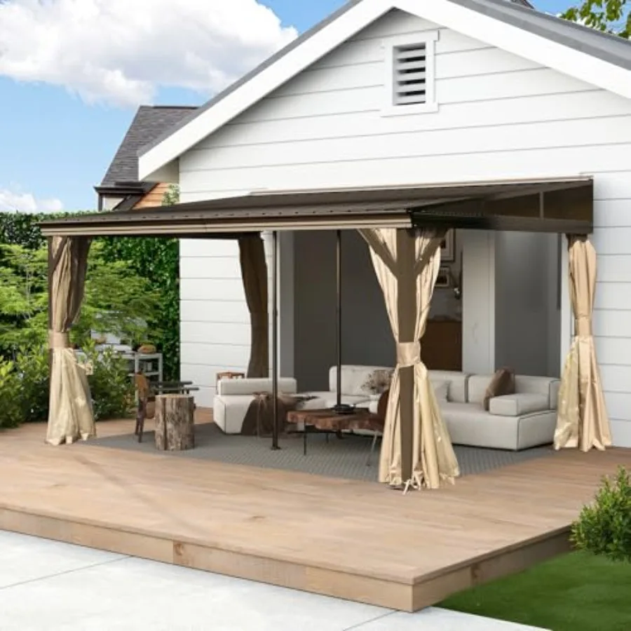 

Outdoor wall-mounted pergola hardtop for backyard and garden use, galvanized steel with gray slope roof, gutters, curtains and